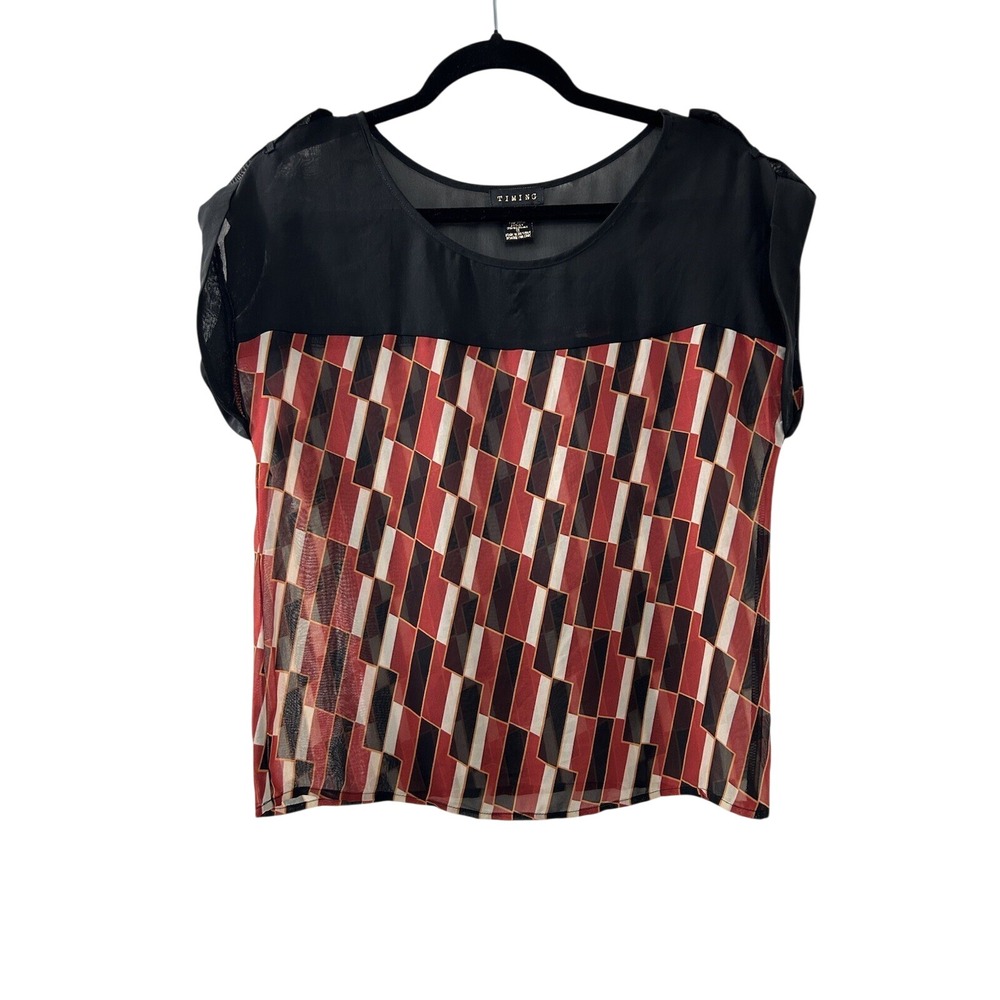 Timing Geometric‎ Chiffon Blouse S Red Black Sheer Cap Sleeve Mod Retro Office